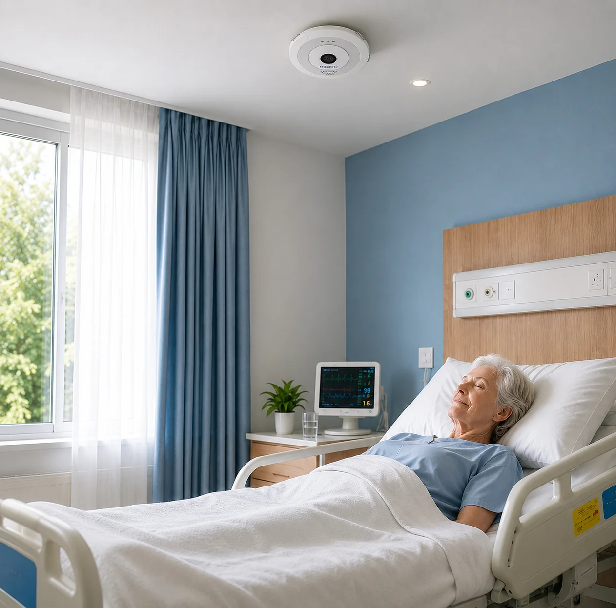 A Nurse Assist carer supporting an elderly patient walking in a bright modern care home, with a discreet ceiling sensor above
